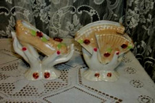 Vintage Japan Ladies Hand Vases Pair Lusterware Roses HP Holding Fan Shoe 1950s picture