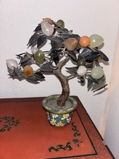 Antique Vintage Chinese Jade Bonsai Tree in Cloisonne Flower Pot picture
