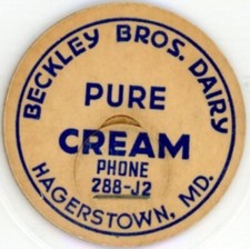 Milk Bottle Cap - Beckley Bros. Dairy - Hagerstown, MD (Maryland) - PHONE 188-J2 picture