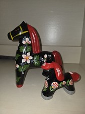 2 Vintage Russian Khokhloma Folk Art Horses Handpainted Lacquer Black Red Floral picture