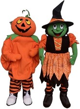 90s Vtg Halloween Porch Kids Greeter Pumpkin & Witch Trick Or Treater K-Mart picture