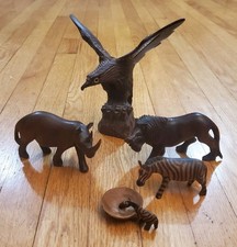 Vintage Hand Crafted Carved Wood Animals Folk Art Zebta Rhino Lion Eagle picture