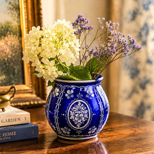  Charming Small Vintage Blue and White Hand Applied Glass Vase Floral Design  picture
