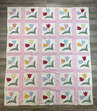 Vintage Flower Tulip Applique Quilt Pink White Hand Stitched 68” x 80” Cutter? picture