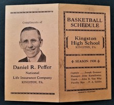 1930 antique KINGSTON HIGH SCHOOL BASKETBALL SCHEDULE kingston pa ad Peffer picture