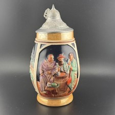 Vintage Western Germany Pewter Lid Beer Stein Mug Monk Tavern Scene 7.75