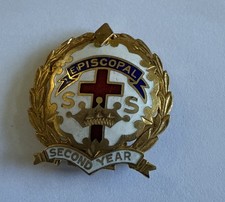 Vintage White Episcopal Sunday School 2nd Year Pin Cross & Crown Lapel Hat picture