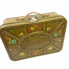 Tin Suitcase Picnic Box Vintage Empeco Multicolor Leather Handle Tole Painted  picture