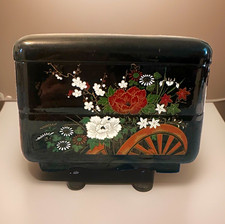 Vintage Japanese Black Lacquer Floral Motif Stacking Jewelry Box  picture