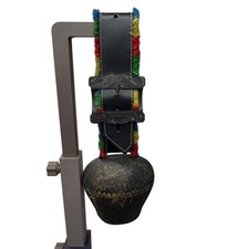 Antique Large Rustic Iron Cow Ox Bell Swiss Leather Strap Fleece Accents 4.5” picture