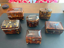Set of 6 Antique Tortoiseshell Tea Caddies - Victorian/Georgian Era picture