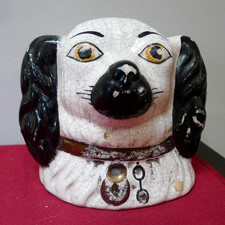 Early 19C English Staffordshire Black & White Spaniel Mantle Bank Money Box picture