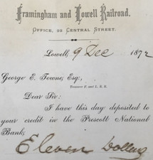 1872 Framingham & Lowell Railroad Letterhead Deposit Receipt Prescott National picture