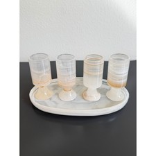 Vintage Onyx Stone Cordial Shot Glass Hand Carved Set 4 Goblets & Oval Tray picture