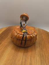 Vtg Art Deco Orange Lusterware Porcelain Lady Powder Jar Trinket Box picture