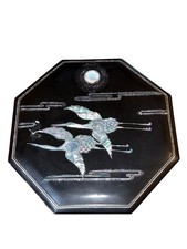 VINTAGE KOREAN BLACK LACQUER OCTAGONAL MOTHER OF PEARL INLAY COMPARTMENT BOX 11” picture