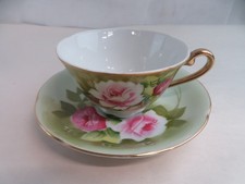 Vtg Lefton China Hand Painted Rose Floral Tea Cup & Saucer Set Gold Trim 5680 picture