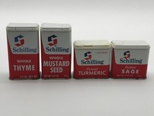 Vintage 1970s Schilling Metal Spice Tins Lot of 4 Sage Thyme Mustard Turmeric 19 picture