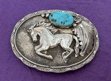 VTG Native Signed DE Daniel Etsitty Sterling Silver Horse Turquoise Belt Buckle picture