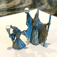 Spoontiques Pewter Wizard Figurines Set of 2 w/ Crystal Orb & Staff 1987 picture