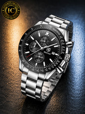 Mens 44MM Luxury Analog Quartz Watch Black Dial Stainless Steel Strap Wristwatch picture