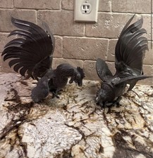  Vintage Pair of Brass Fighting Roosters Cocks MCM Mid Century Modern picture