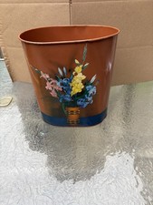 Vintage Empeco Floral Metal Wastebasket 11” MCM Tole Painted Flowers picture