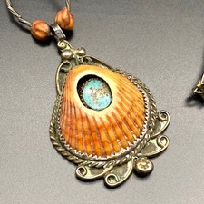 Vintage Navajo Native Shadowbox Turquoise Shell Silver Pendant Necklace 16
