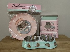 Pusheen Cat Lot 3pc Pink Kawaii Cake Plate Pet Food Dish Notebook picture