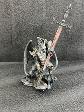 Fantasy Winged Dragon Warrior Statue w/ Sword, Gray/Black w/ Gold Accents picture