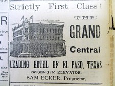 1890 El Paso TEXAS newspaper w large illustrated ad for THE GRAND CENTRAL HOTEL picture