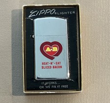 Vintage 1965 A-B Heat N Eat Sliced Bacon Advertising Zippo Slim Lighter MINT picture