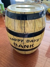 Vintage  J CHEIN Happy Days Bank Metal Barrel Toy Money Coin Safe Box Piggy Bank picture