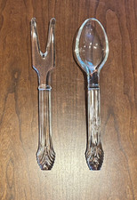 Vintage Imperial Glass Cape Cod Clear Salad Serving Spoon & Fork Set 9.5#Reeded picture