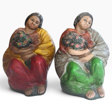 Vintage Mexican Folk ArtSeated Flower Vendor WomenPair Hand Painted Clay 6” picture