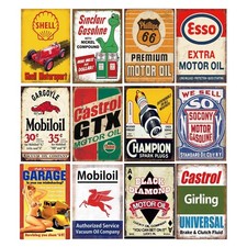 12 Retro Vintage Gas & Oil Tin Signs - Metal Wall Art for Home, Man Cave, Garage picture