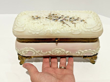 WaveCrest Footed Pink Opal Ware Glass Dresser Box CF Monroe Antique 9.5