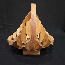 Handcrafted MCM Wooden Basket w/Geometric Cut Out Design & Handle Heavy picture