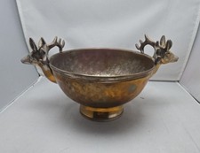 Vintage Hammered Brass and Silver Plated Footed Bowl with Deer Stag Head Handles picture