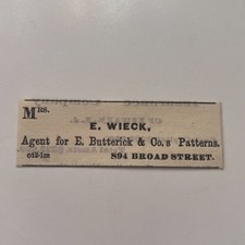 Mrs E Wieck Agent E Butterick & Co's Patterns Broad St 1872 NJ Clipping TAJ7-S9 picture