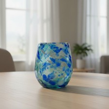 Hand-Blown Mexican Stemless Wine Glass | Blue and White Snow Pattern picture