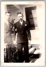 Vtg B&W Snapshot Two Young Men Sharp Double Breasted Suits Porch Steps 1930s picture