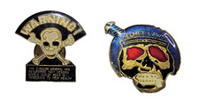 Vintage 80s Biker Enamel Pins (2) Skull Surgeon General Warning Screw Helmet Law picture