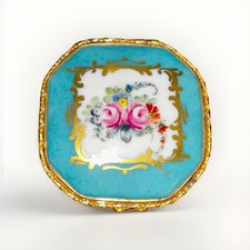 Vintage Porcelain Hinged Trinket Box Gold Casing Hand Painted Roses French Mark picture