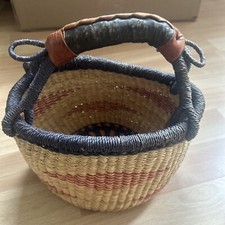 Vintage BOLGA Ghana African Handwoven Alaffia Basket Leather Wrapped Handle picture
