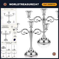 Set of 2 Silver 3-Arm Metal Candelabra Holders - Elegant 10 Inch Candlestick Sta picture