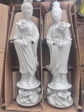 Matching Pair of Chinese Blanc De Chine Guanyin Goddess Figures w/Lotus Flowers picture
