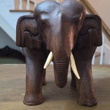Carved Wood Elephant Figurine Sculpture Decor with Tusks picture