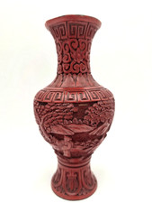 Chinese Carved Red Lacquer Vase Scenic Figures Floral Cinnabar Style VTG 8