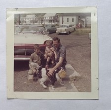 Vtg Color Snapshot Oldsmobile Classic Car Convertible Family with Dog Frisbee picture